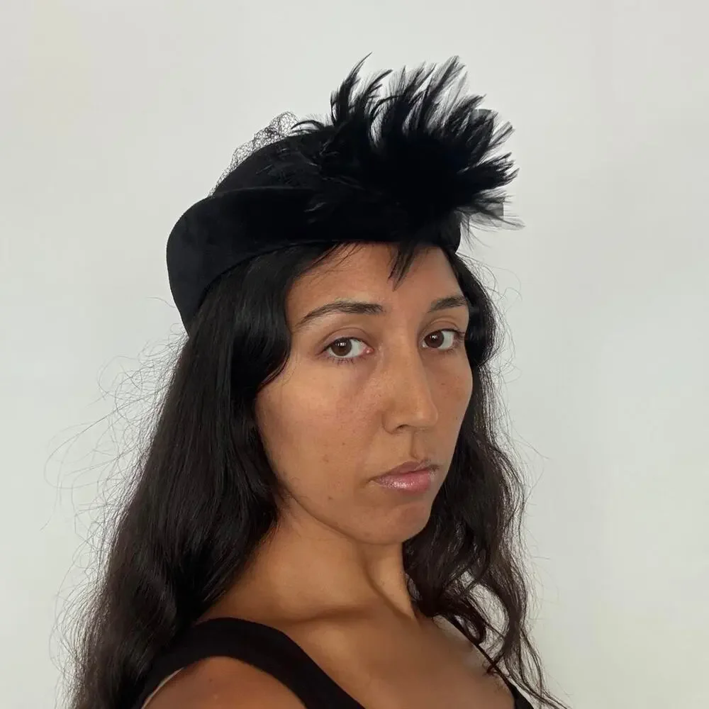 Vtg 1950s valerie modes crescent fascinator hat black feathers birdcage veil